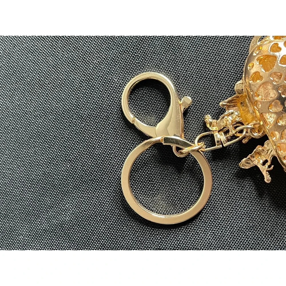 Gold Tone Rhinestone Elephant Keychain Bag Charm Crystal Enamel Heart Back